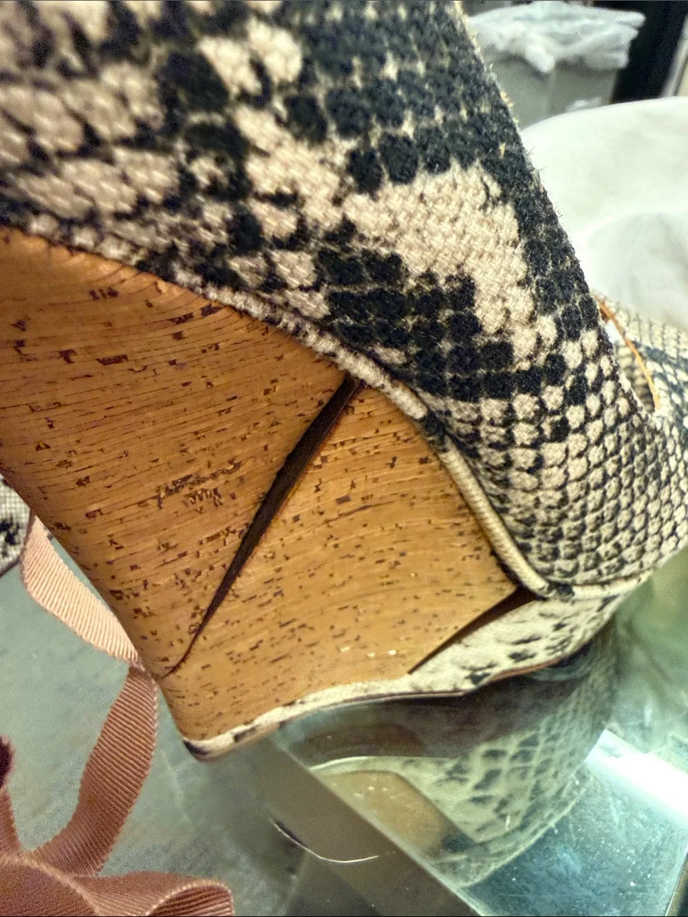 Lanvin snake-print peep-toe wedges with pink ribbon ankle ties